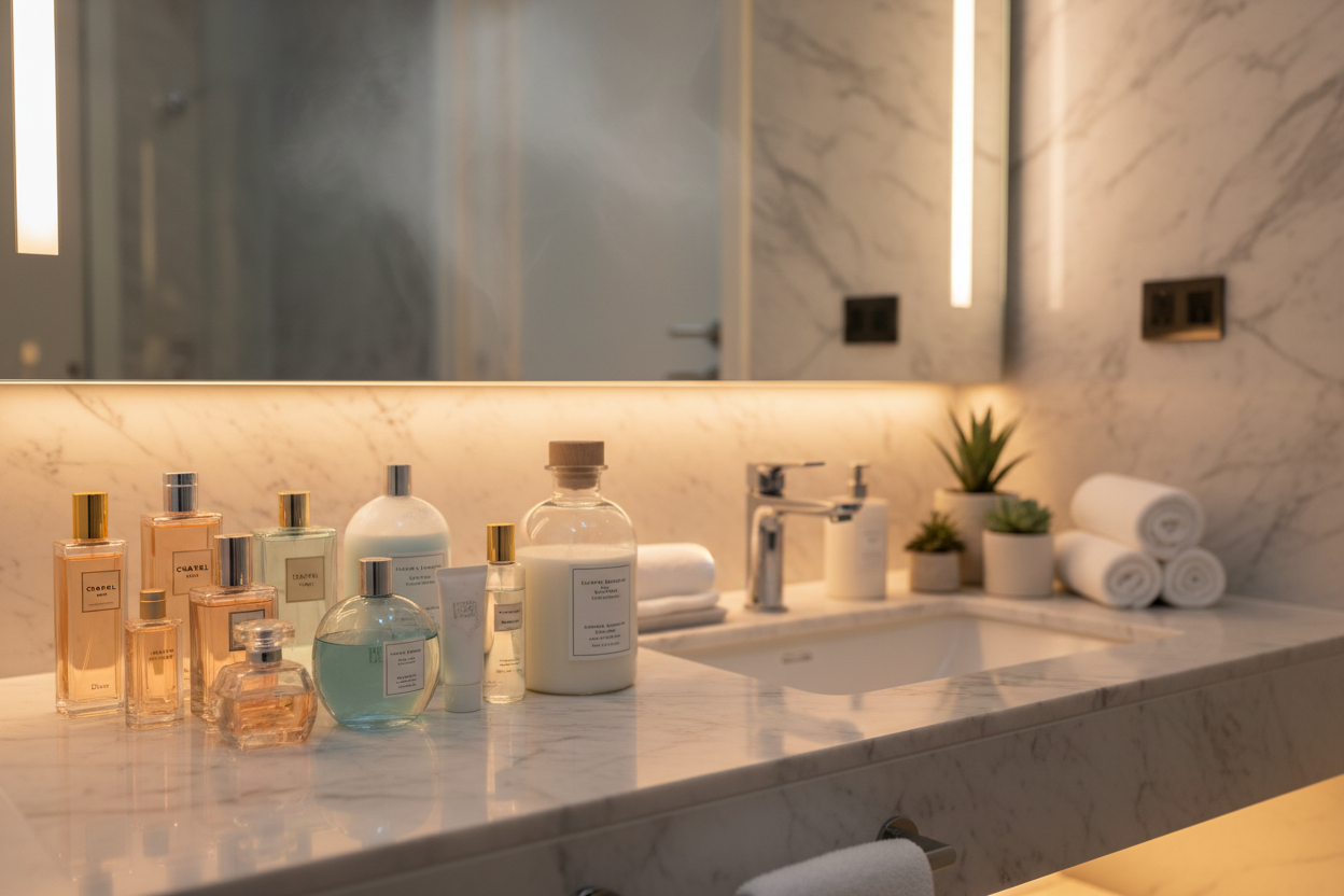 profumi e bagni schiuma in un bagno di fianco al lavandino